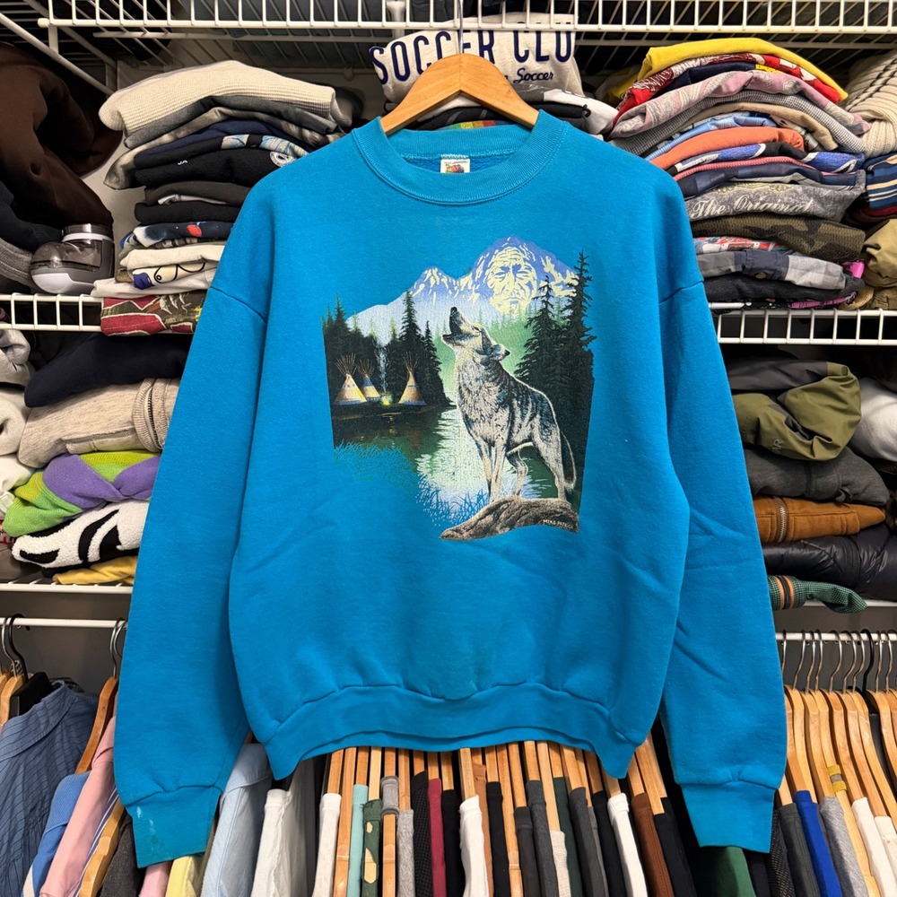 Vintage 90's Wolf Nature Animal Crewneck Sweatshirt Mens XL Blue Graphic Fleece